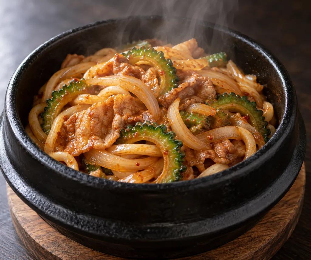 豚バラ肉とゴーヤの韓国辛うどんの完成イメージ