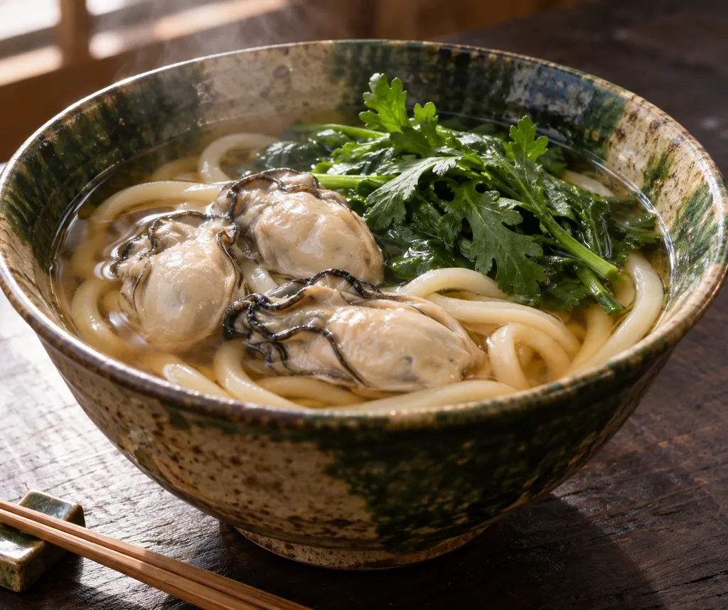 牡蠣と春菊のかけうどんの完成イメージ