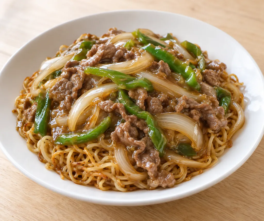 牛こま肉とピーマンの中華あんかけ麺の完成イメージ