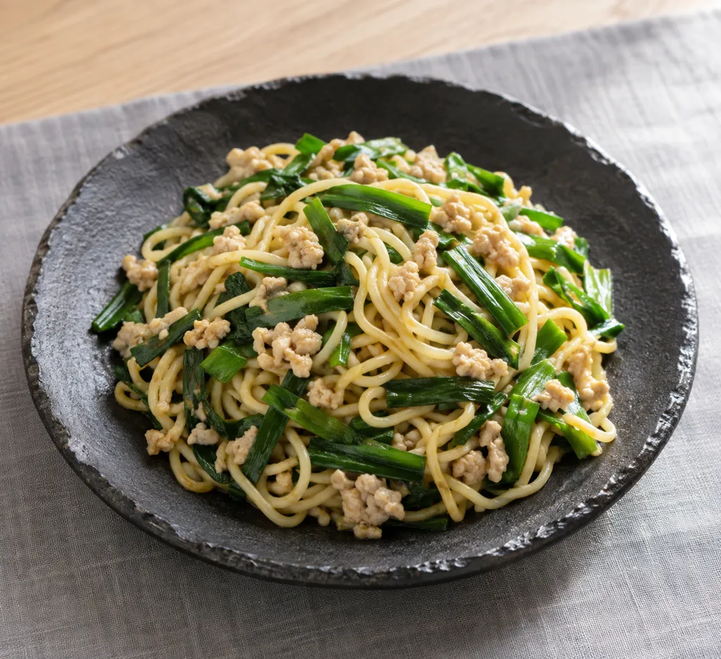 鶏ひき肉とニラの塩焼きそばの完成イメージ
