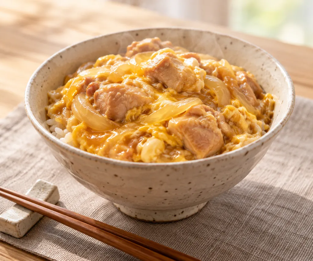 鶏もも肉と玉ねぎの親子丼の完成イメージ