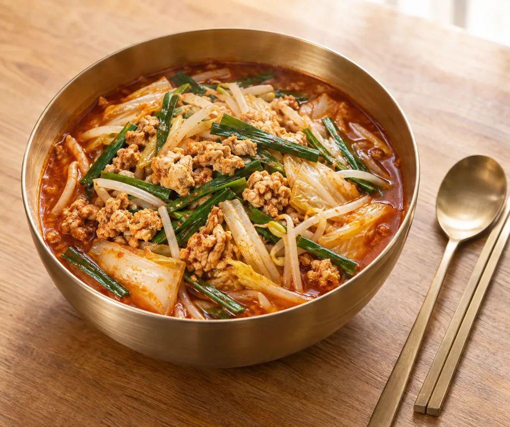 鶏ひき肉と白菜のユッケジャン風鍋の完成イメージ