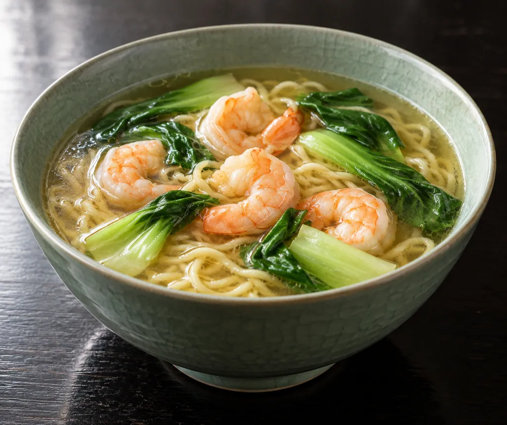 えびとチンゲン菜の中華スープ麺の完成イメージ