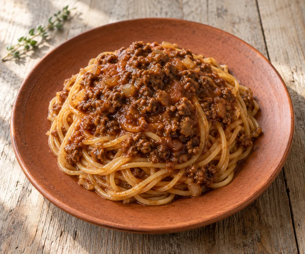 牛ひき肉と玉ねぎのミートソースパスタの完成イメージ