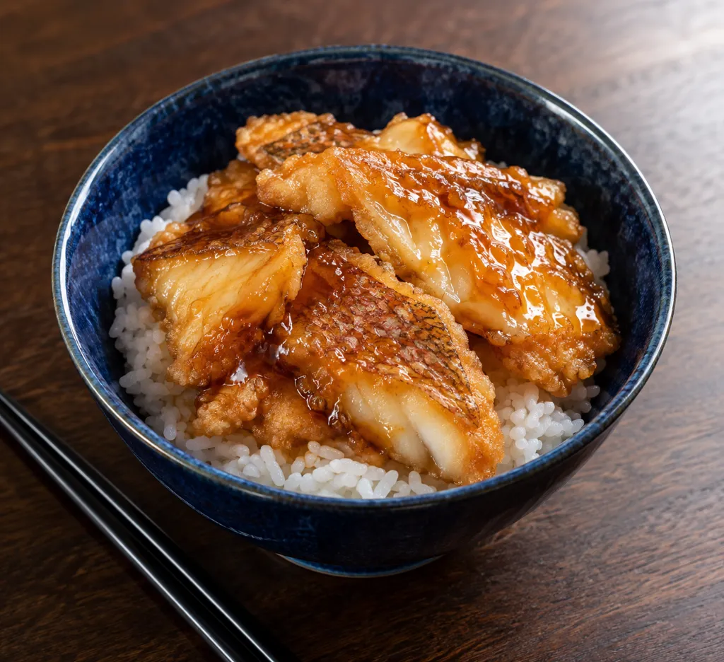 たいと甘酢だれのから揚げ丼の完成イメージ
