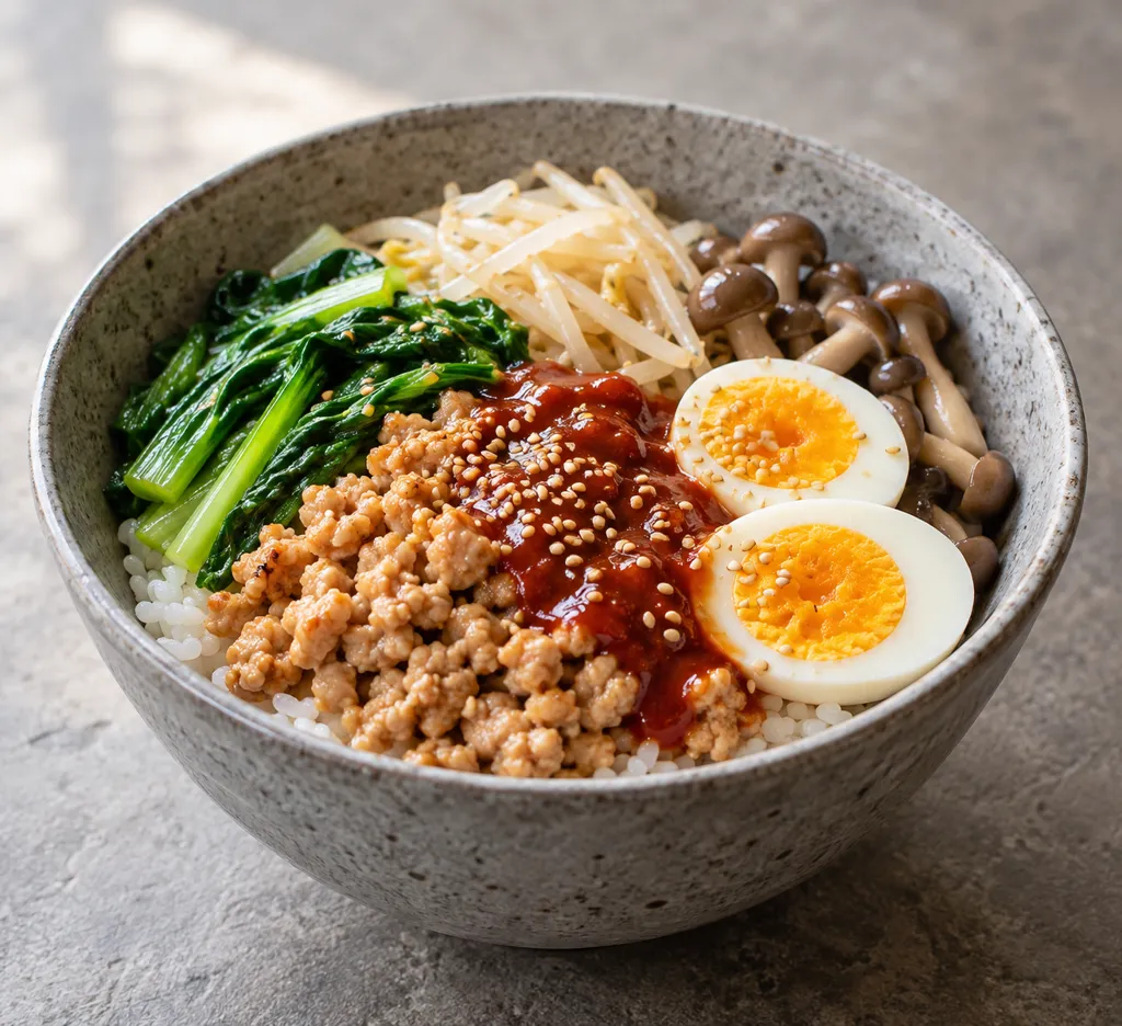 鶏ひき肉と小松菜のビビンバの完成イメージ