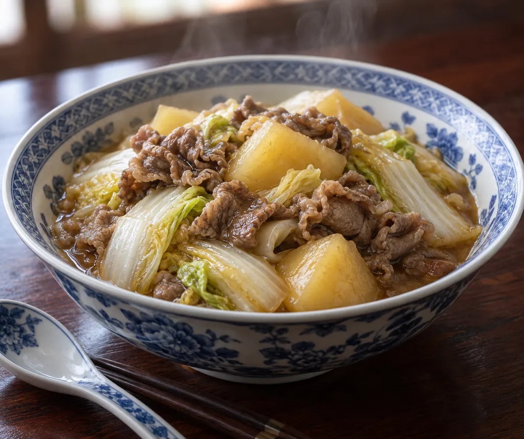 牛薄切り肉と白菜の中華肉じゃがの完成イメージ