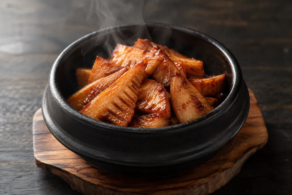 たけのこと甘辛だれのヤンニョム揚げ焼きの完成イメージ
