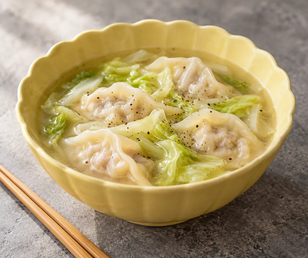 豚ひき肉とキャベツの水餃子スープの完成イメージ