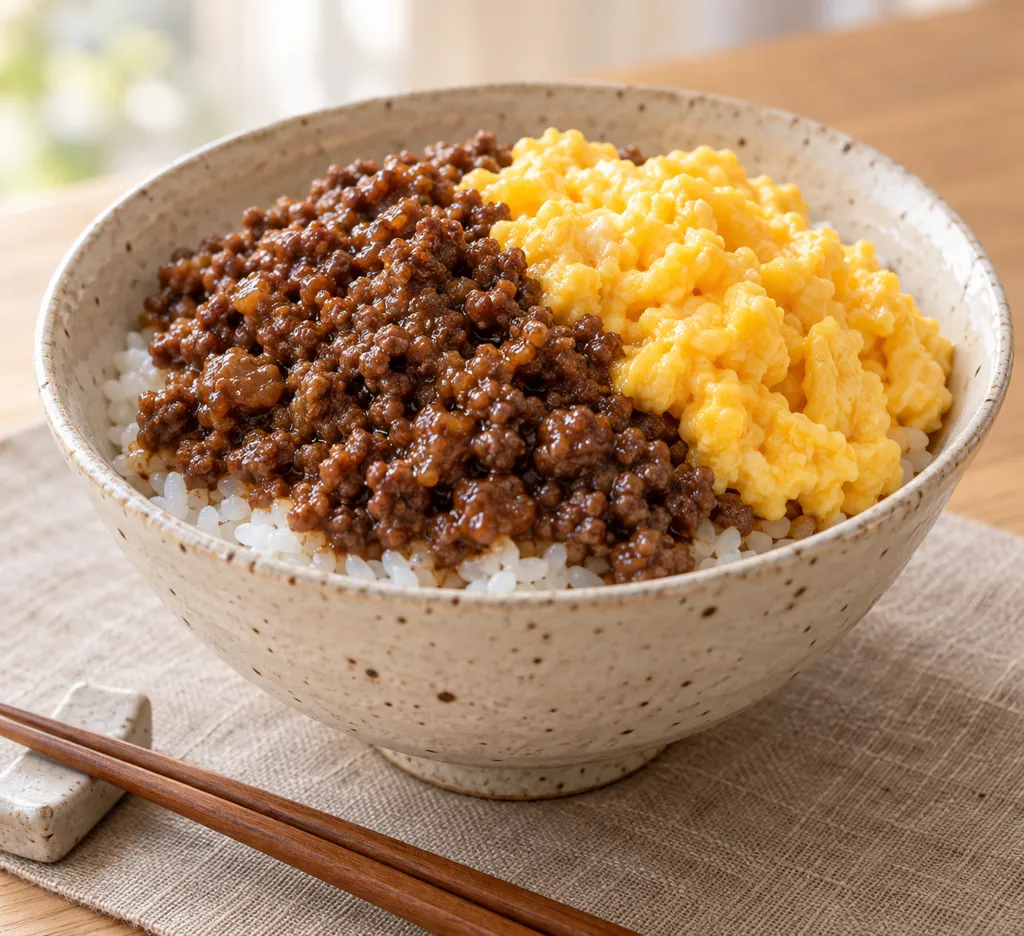 牛そぼろと炒り卵の味噌丼の完成イメージ