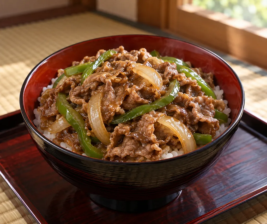 ピーマンと玉ねぎの牛丼の完成イメージ
