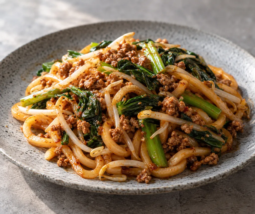 豚ひき肉と小松菜の韓国辛うどんの完成イメージ