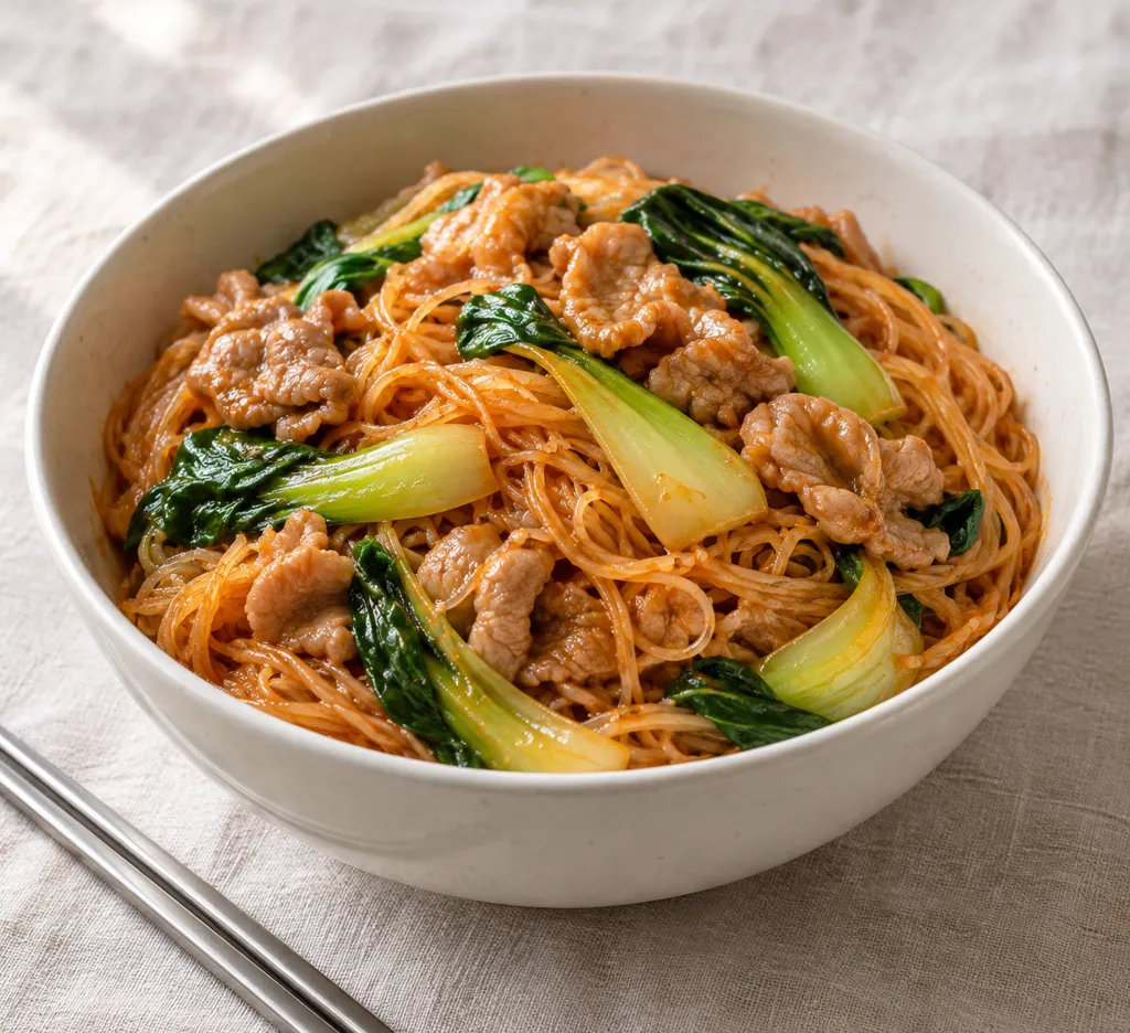 豚こま肉とチンゲン菜のビーフンビビン麺の完成イメージ