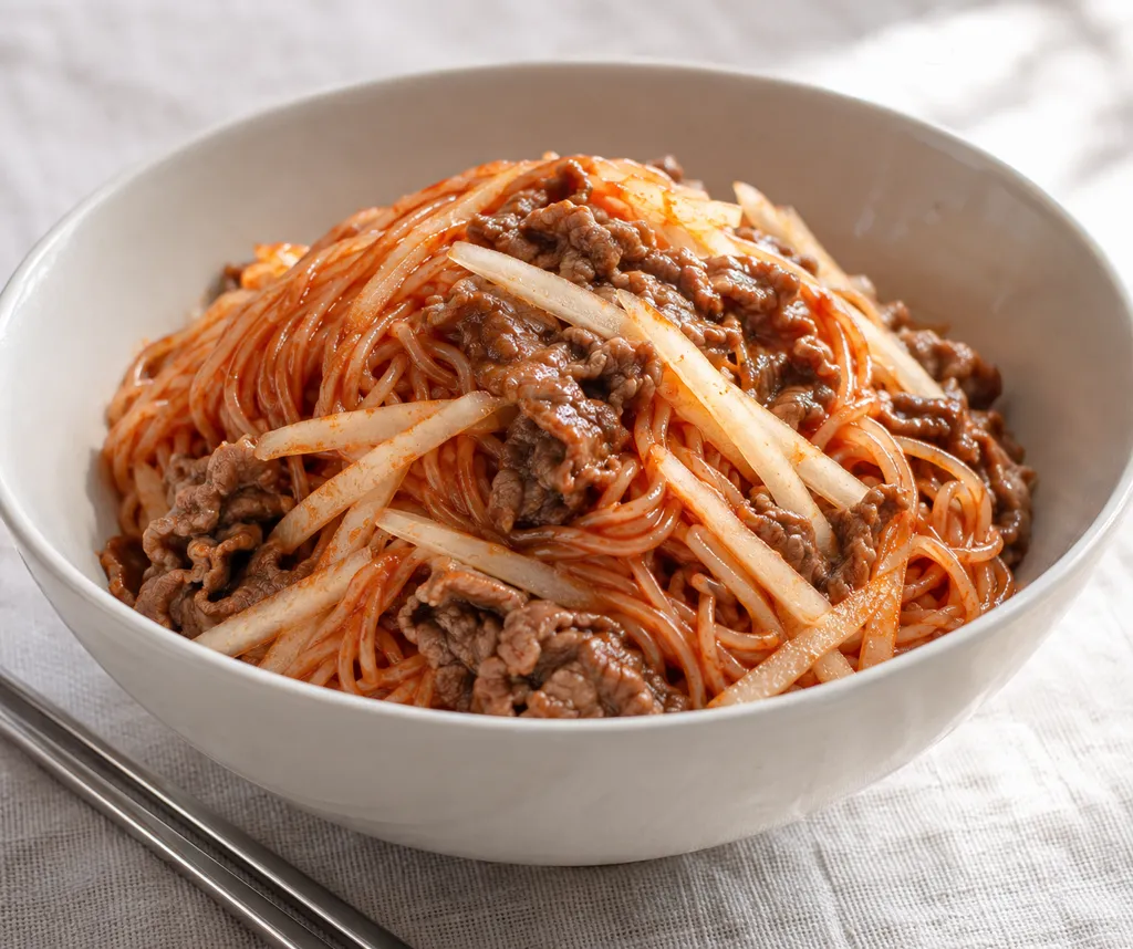 牛こま肉と梨の冷麺ビビン麺の完成イメージ