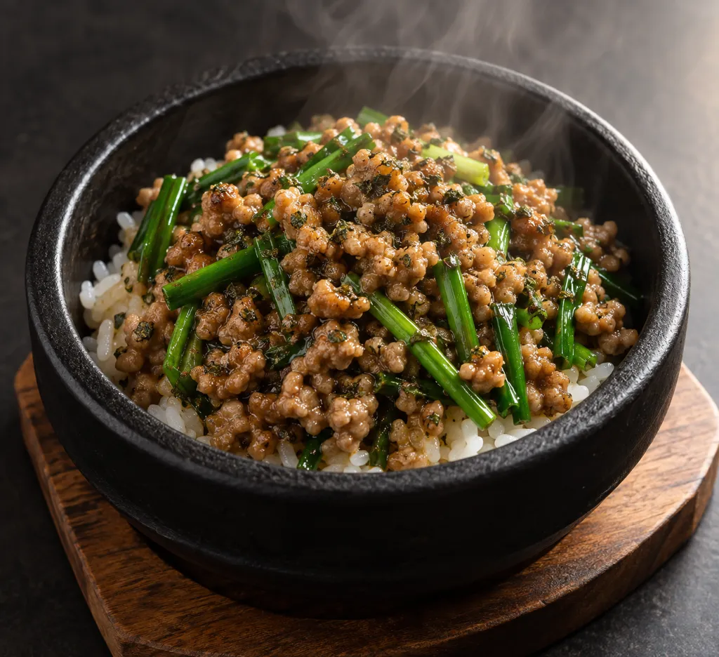 豚ひき肉とニラのバジル肉炒め丼の完成イメージ