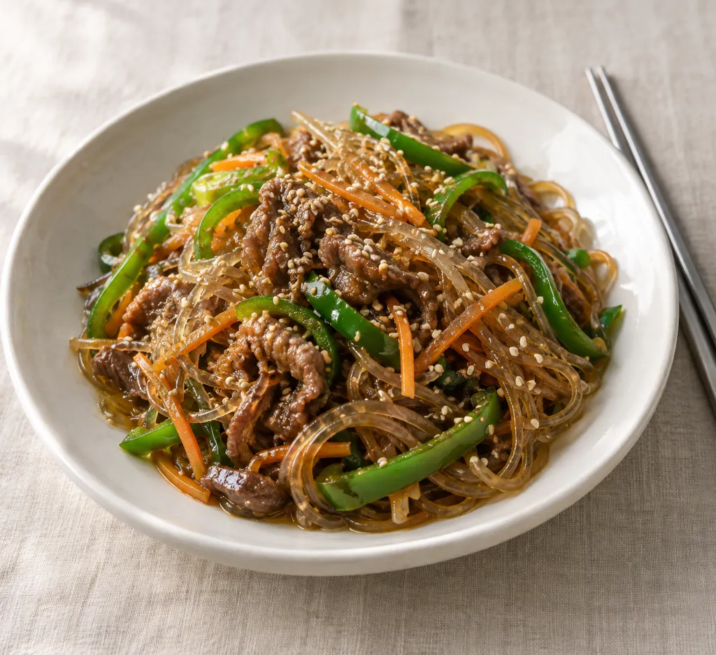 牛こま肉とピーマンのごまチャプチェの完成イメージ