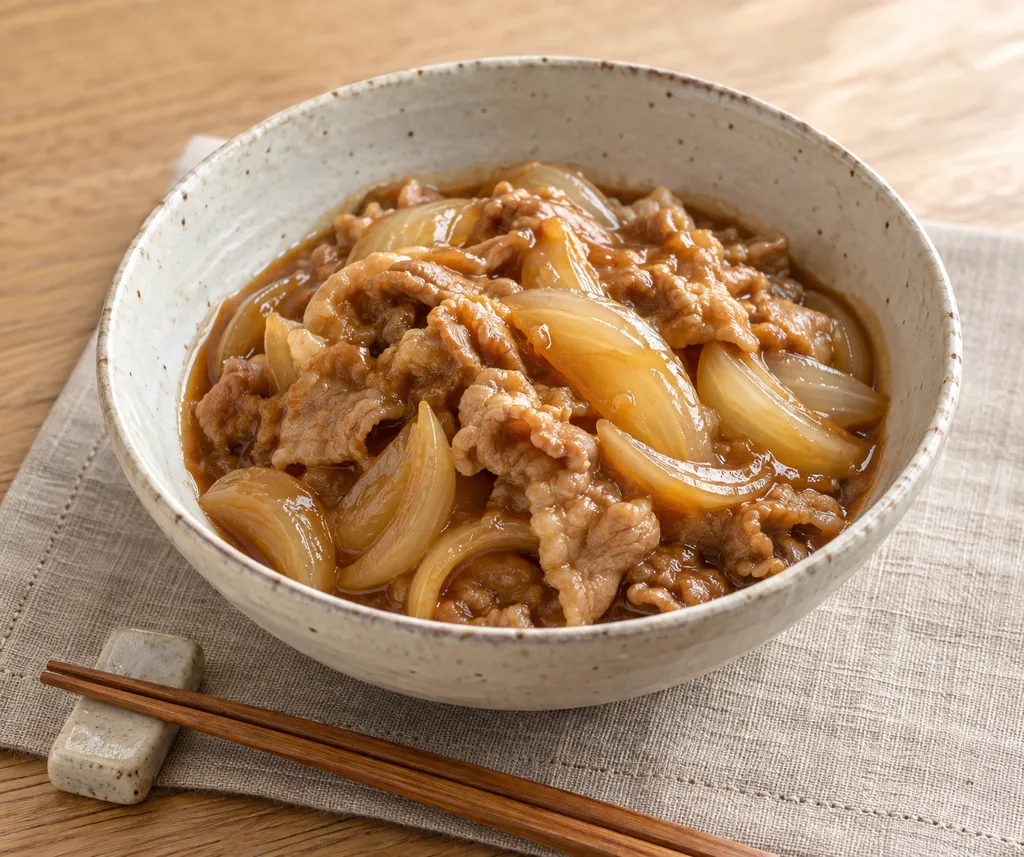 豚こま肉と玉ねぎの味噌煮込みの完成イメージ