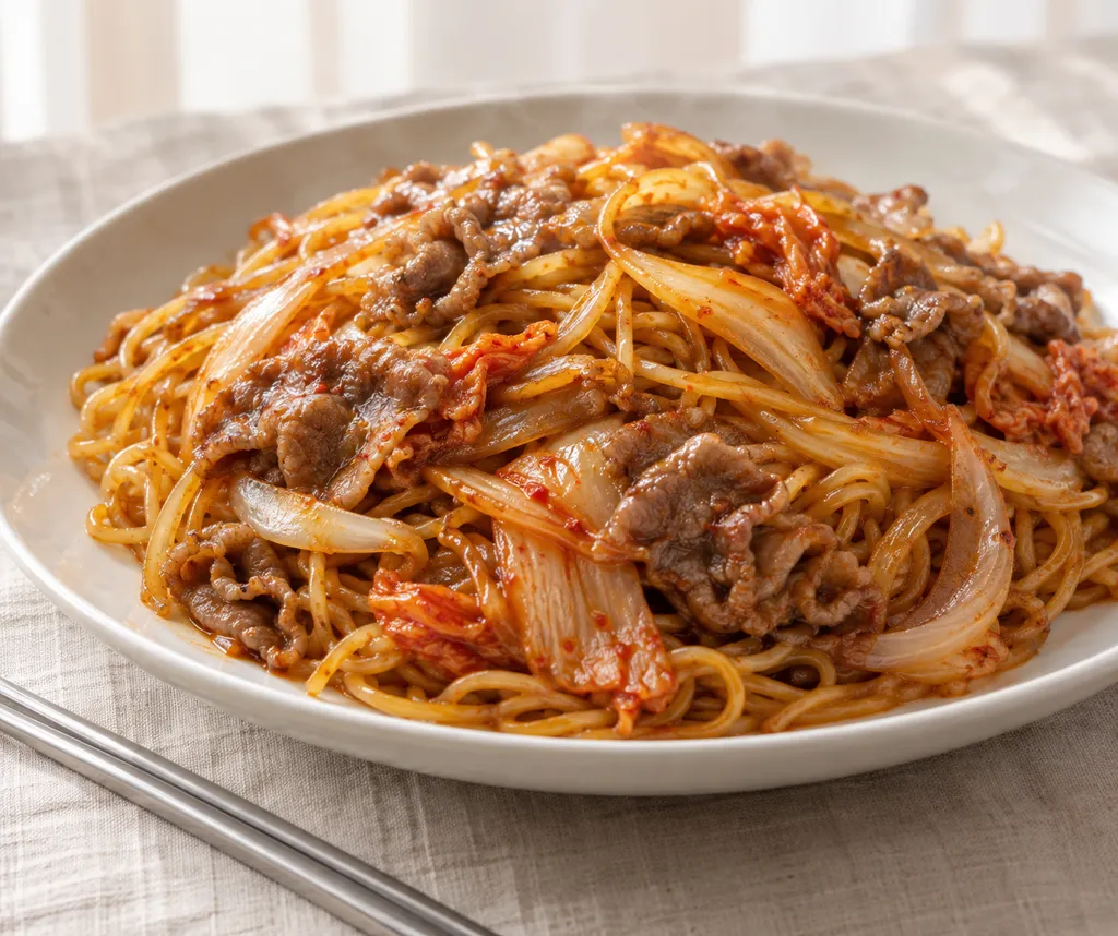 ラム肉と玉ねぎのキムチ焼きそばの完成イメージ