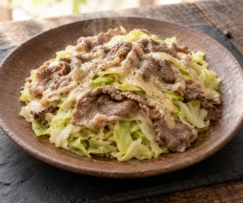 牛薄切り肉とキャベツのレンジ重ね蒸しの完成イメージ