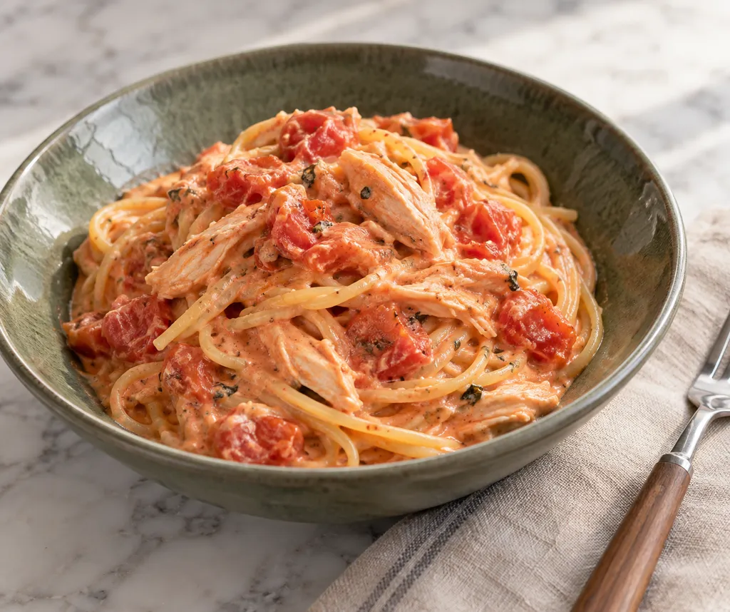 サラダチキンとトマトのマヨパスタの完成イメージ