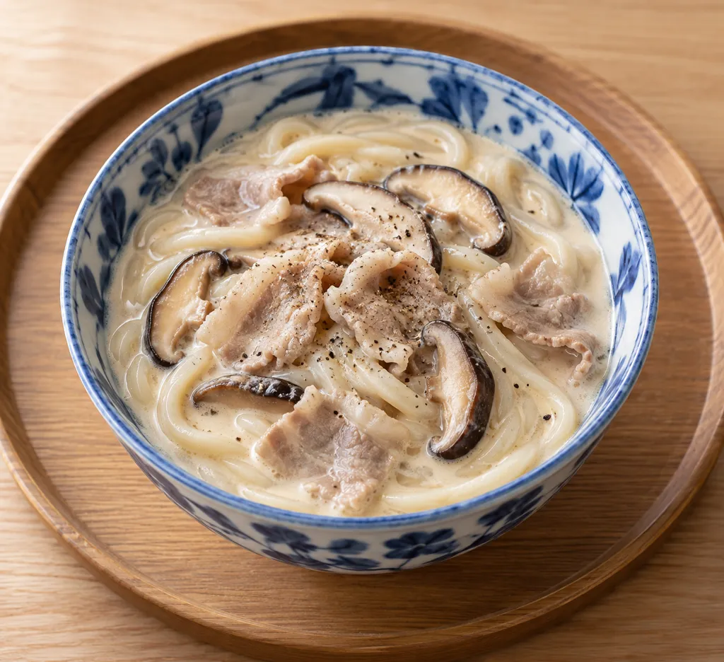 豚バラ肉としいたけの豆乳うどんの完成イメージ
