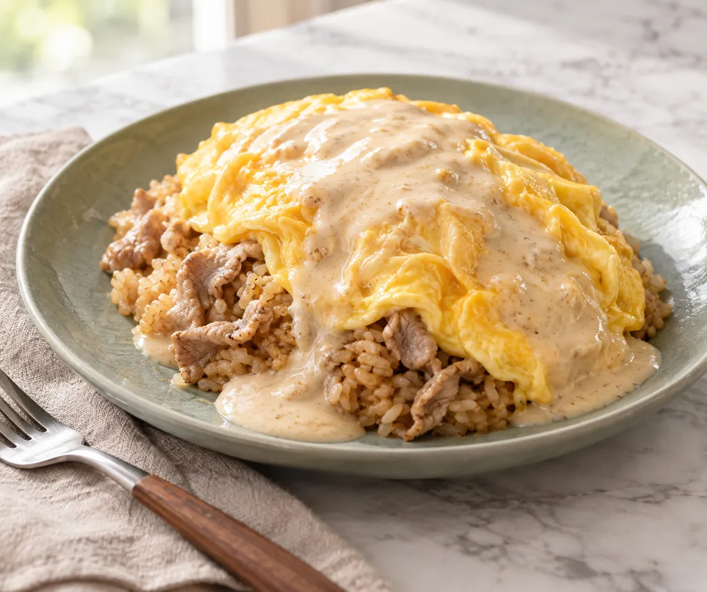 豚こま肉と卵の味噌クリームオムライスの完成イメージ