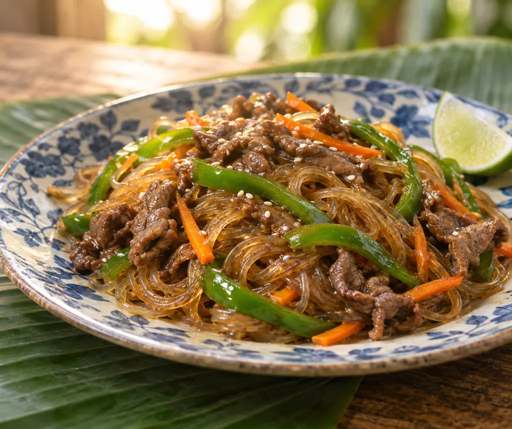 時短牛こま肉とピーマンのチャプチェの完成イメージ