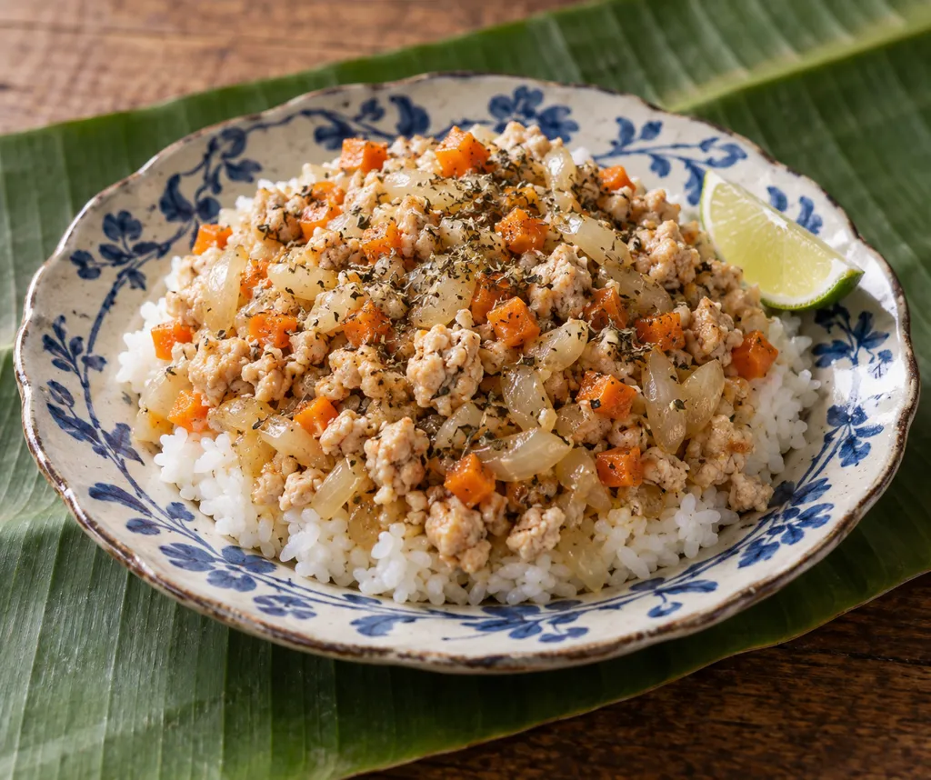 鶏ひき肉と玉ねぎのバジル炒め丼の完成イメージ