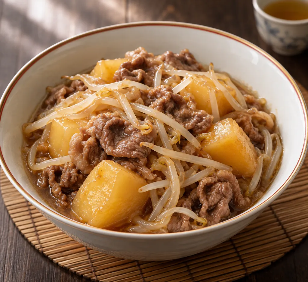 牛薄切り肉ともやしの中華肉じゃがの完成イメージ