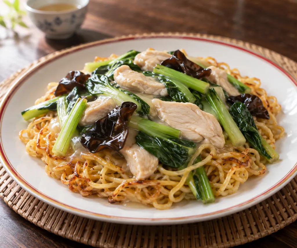 鶏むね肉と小松菜の塩あんかけ焼きそばの完成イメージ