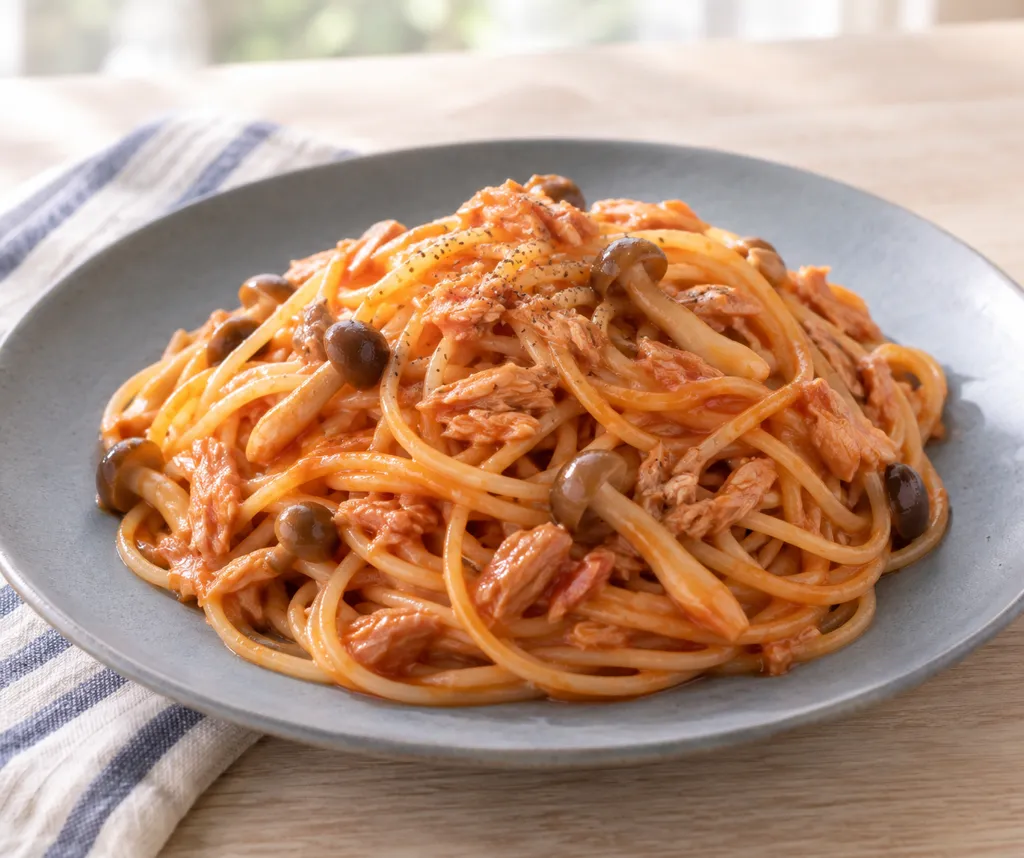 ツナとしめじのケチャップパスタの完成イメージ