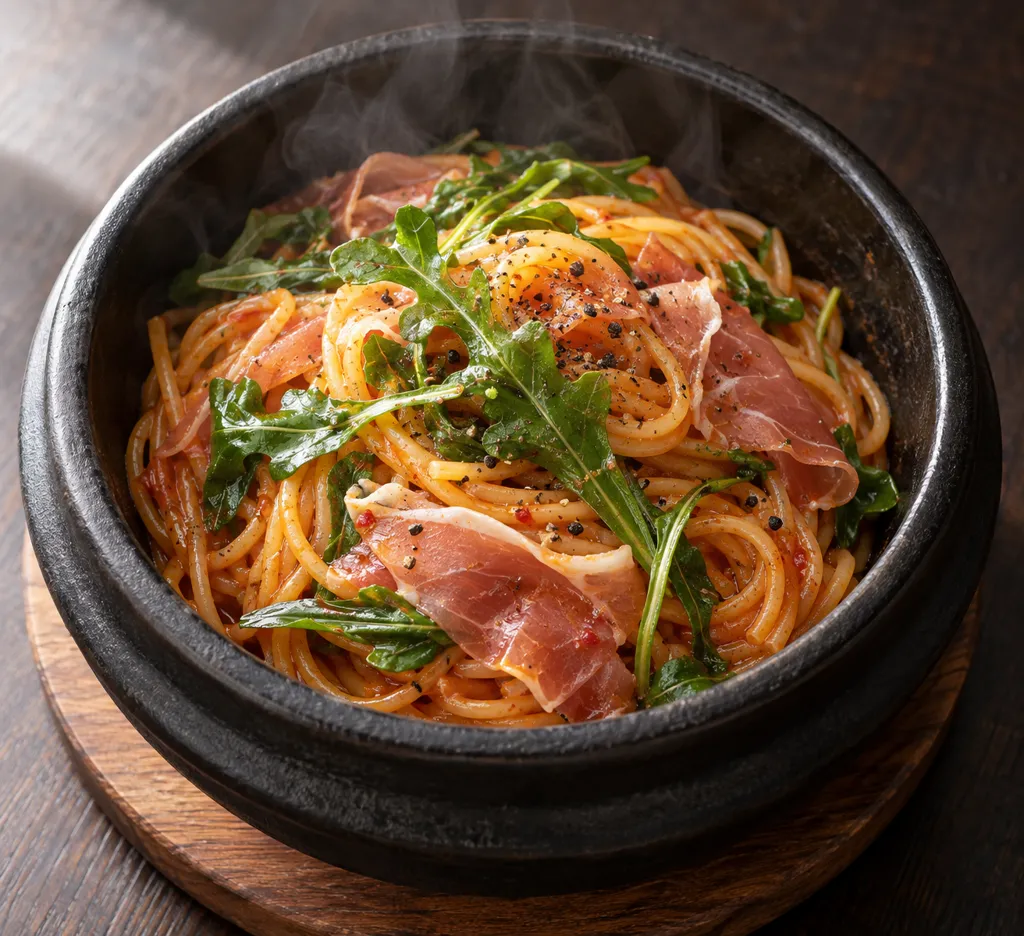 生ハムとルッコラのパスタビビン麺の完成イメージ