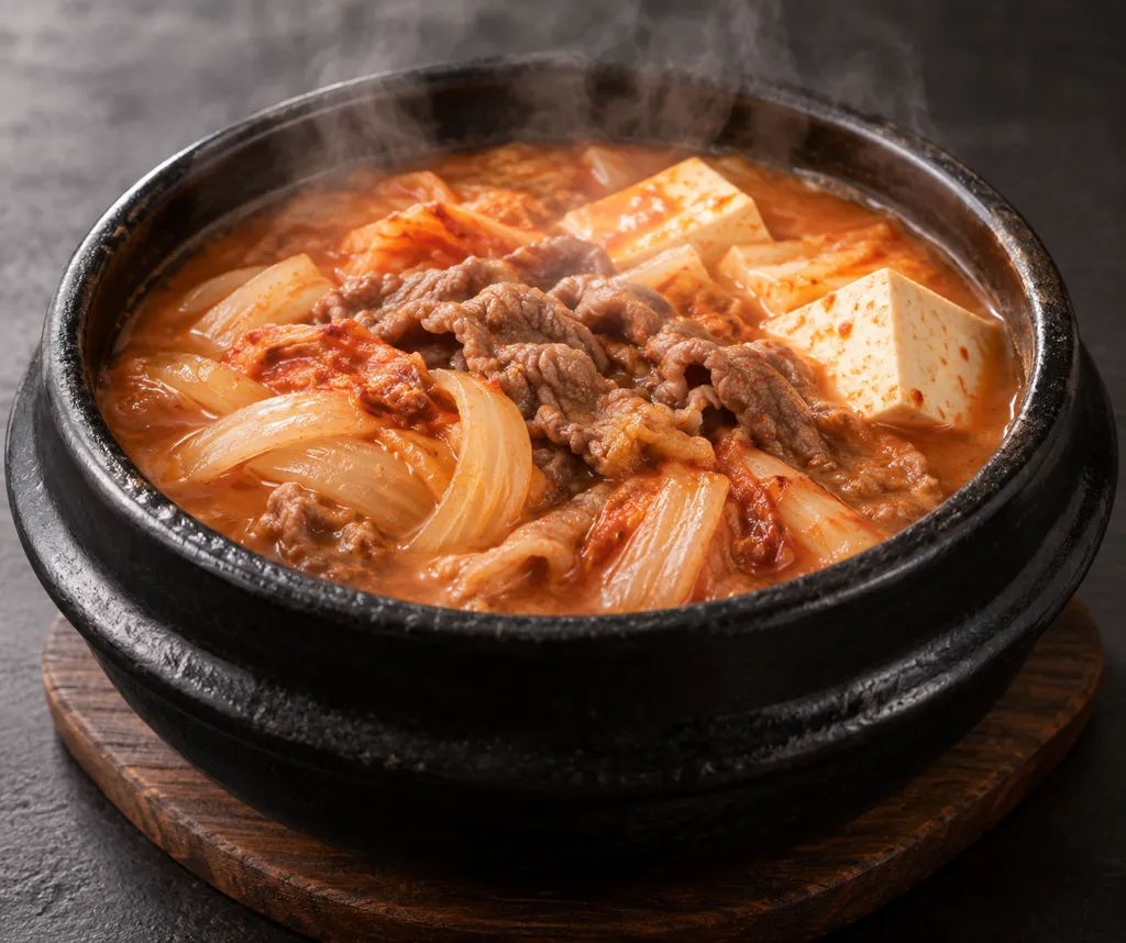 牛こま肉と玉ねぎのキムチ鍋の完成イメージ