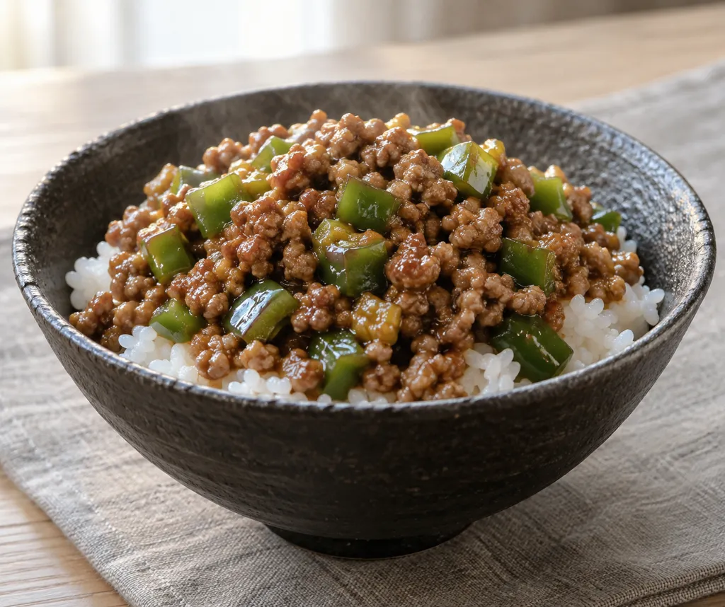 豚肉とピーマンの味噌そぼろ丼の完成イメージ