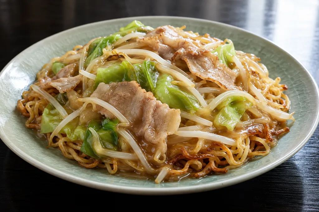 時短豚バラ肉とキャベツの中華あんかけ麺の完成イメージ