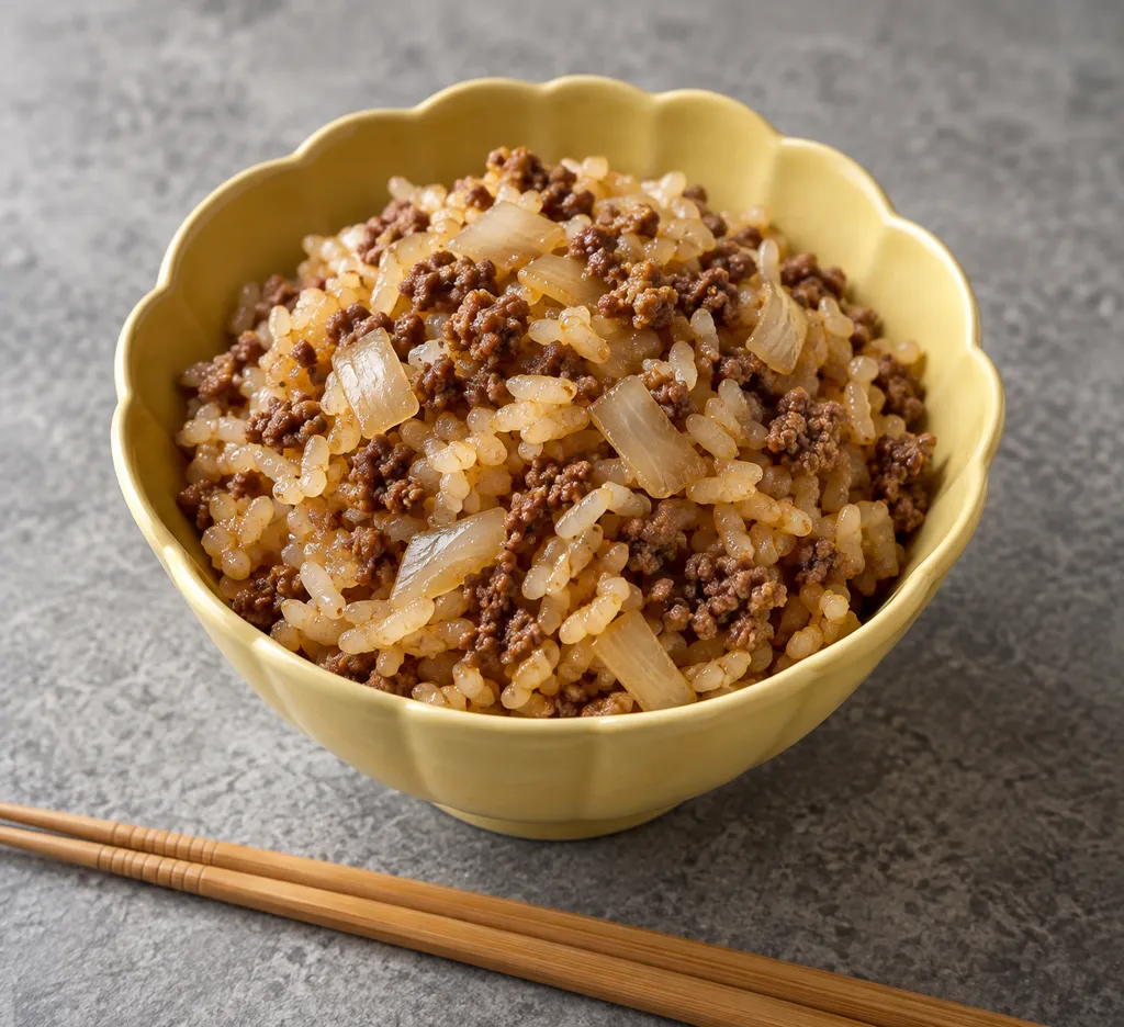 牛ひき肉と玉ねぎの中華炊き込みご飯の完成イメージ