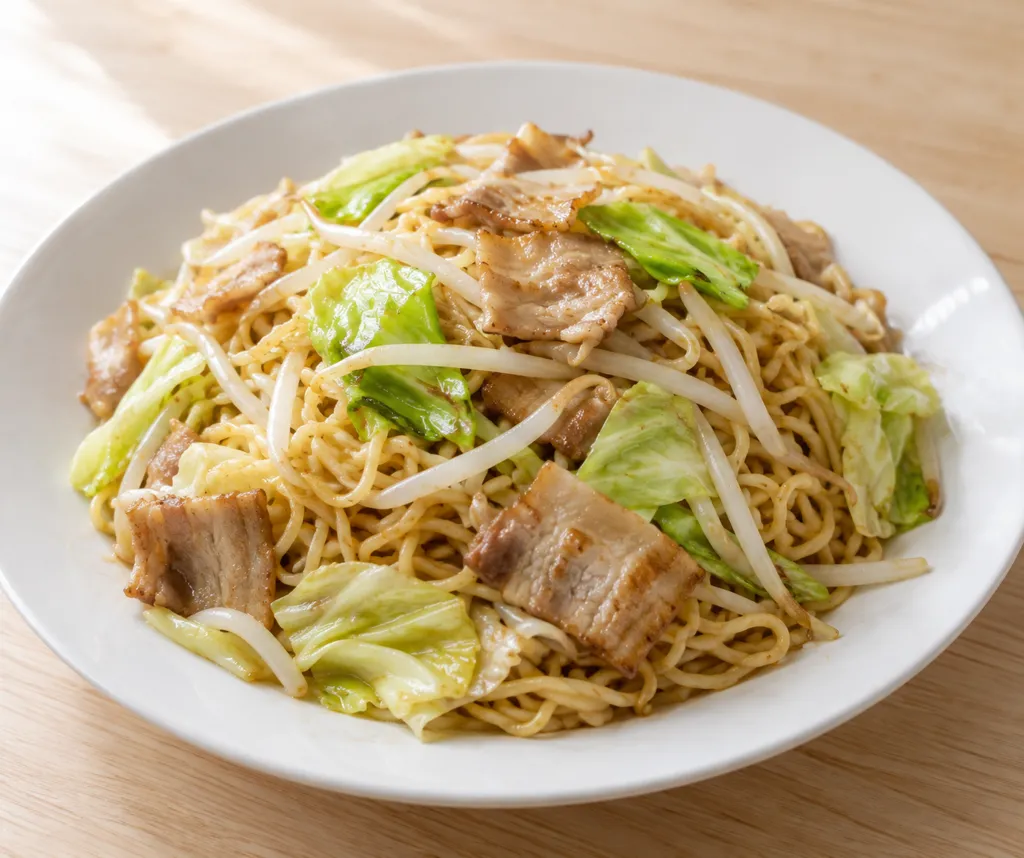 豚バラ肉とキャベツの塩焼き中華麺の完成イメージ