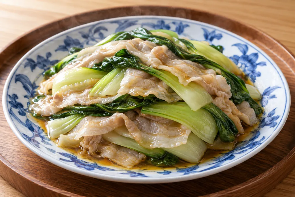 豚バラ肉とチンゲン菜のレンジ重ね蒸しの完成イメージ