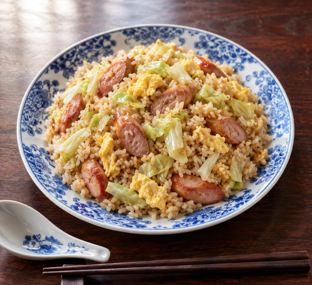 ウインナーとキャベツの卵チャーハンの完成イメージ