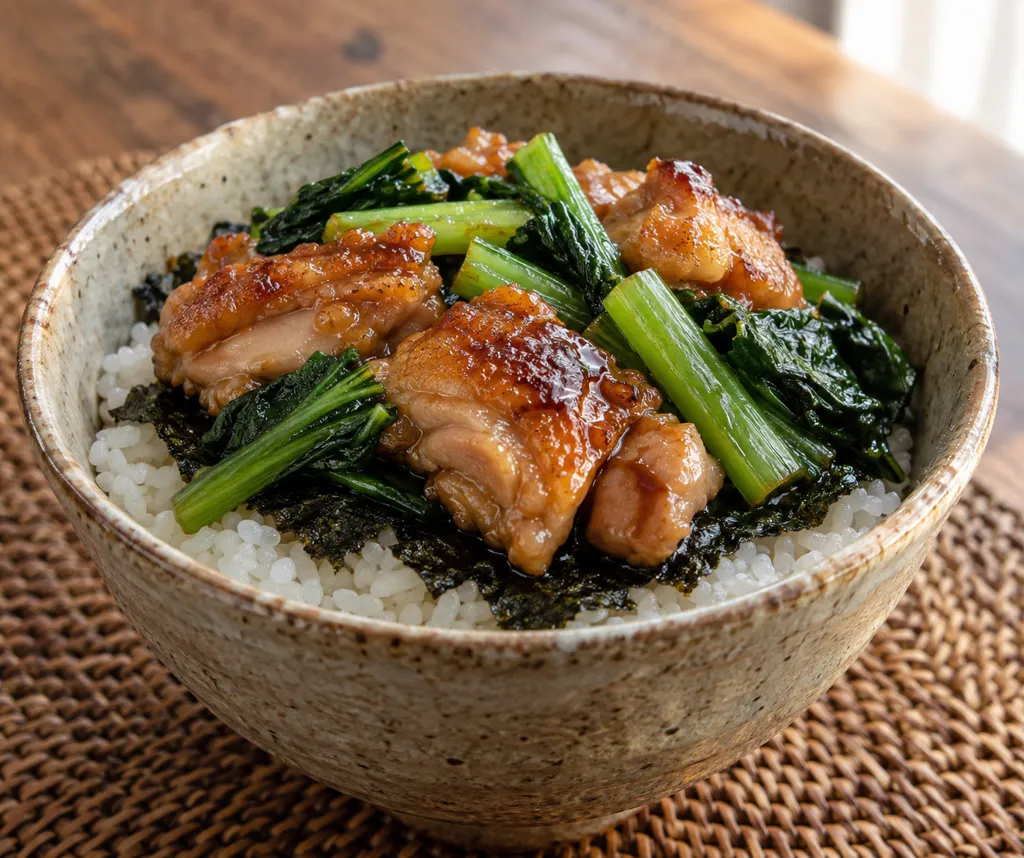 鶏もも肉と小松菜ののり弁風丼の完成イメージ