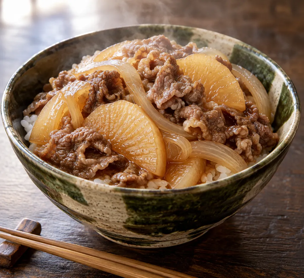 大根と玉ねぎの牛こま丼の完成イメージ
