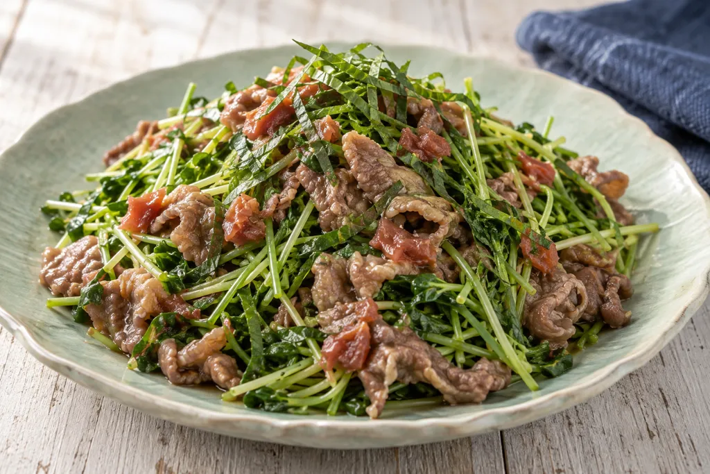 牛肉と豆苗の梅しそ炒めの完成イメージ
