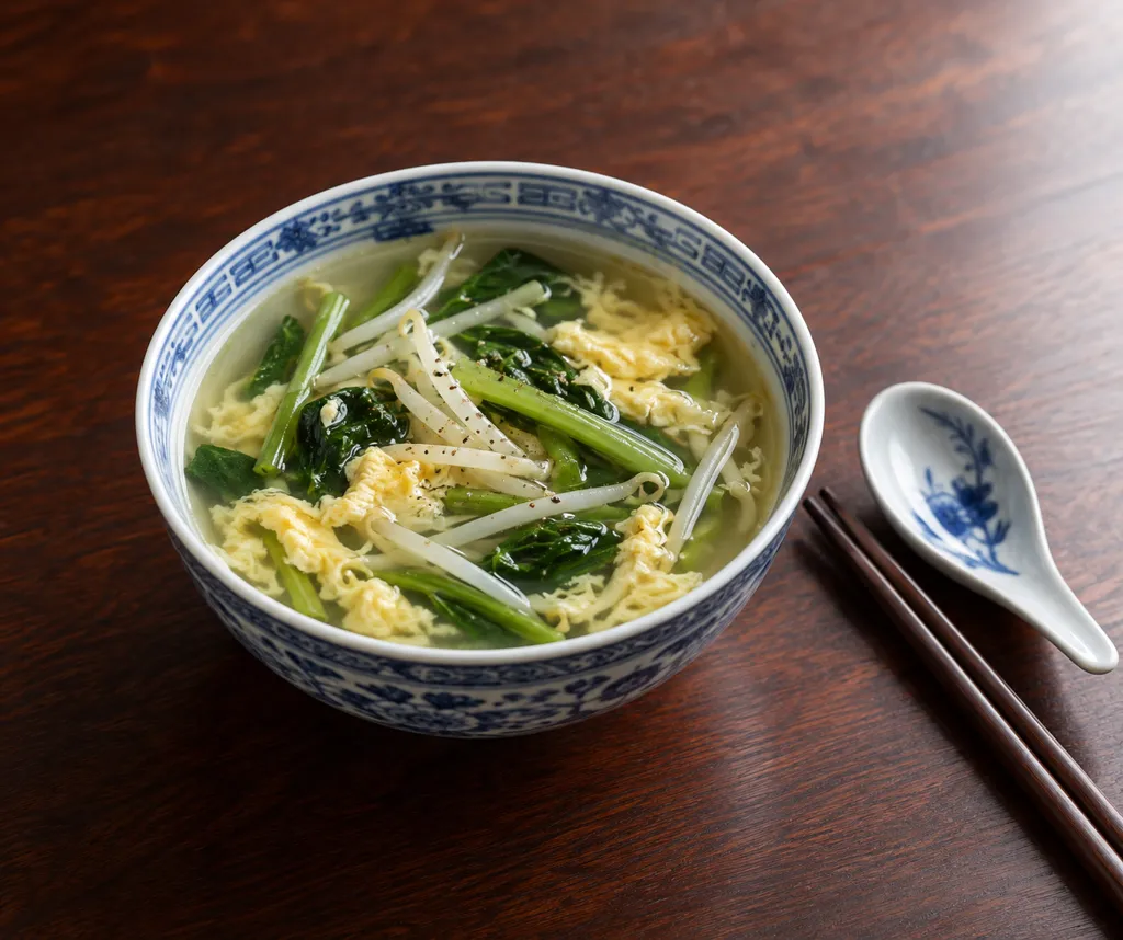 もやしと空心菜の卵入り中華汁の完成イメージ