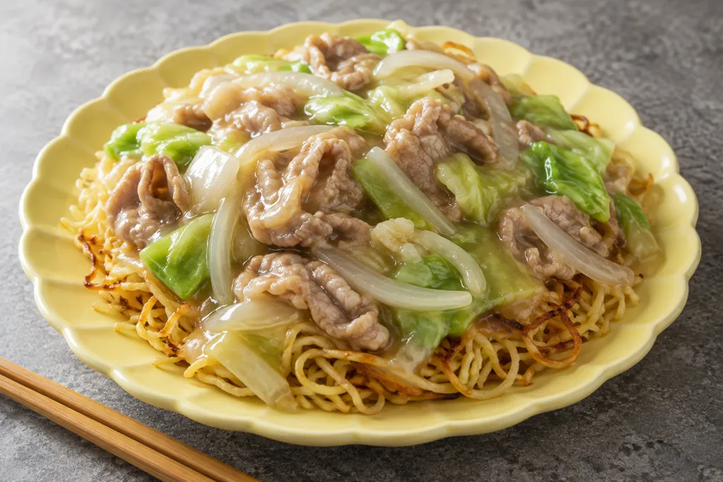 豚こま肉とキャベツのあんかけ焼きそばの完成イメージ
