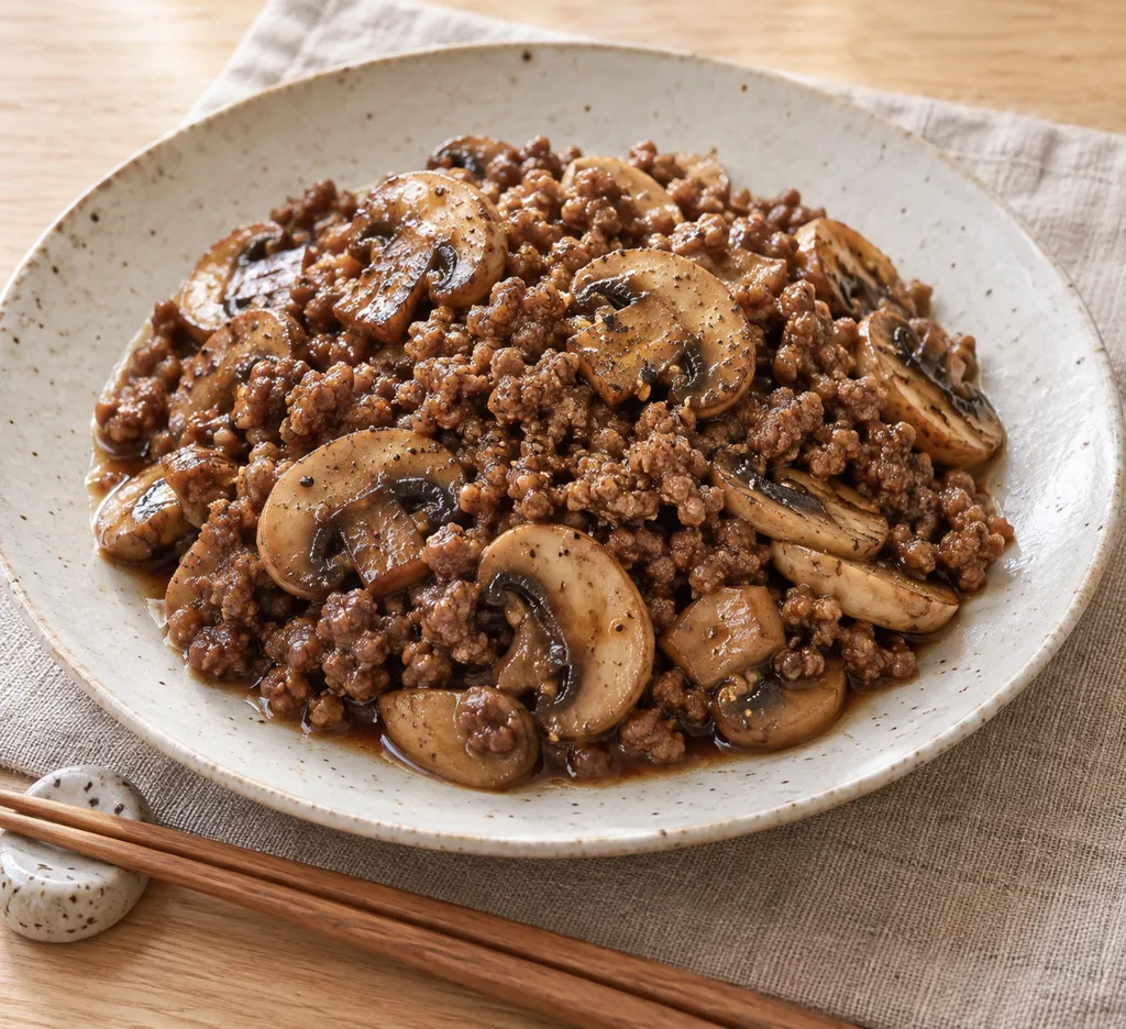 合いびき肉とマッシュルームの醤油炒めの完成イメージ