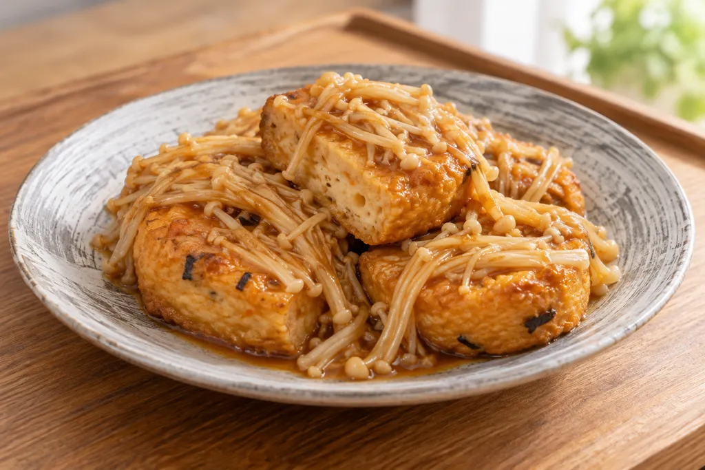 がんもどきとえのきの甘酢醤油焼きの完成イメージ