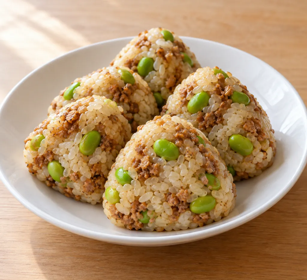 鶏ひき肉と枝豆のおにぎりの完成イメージ