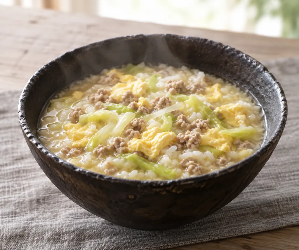 豚ひき肉とキャベツの卵雑炊の完成イメージ