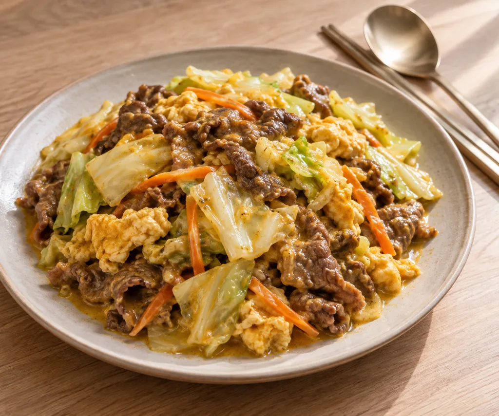 牛こま肉とキャベツのタイ風カレー炒めの完成イメージ