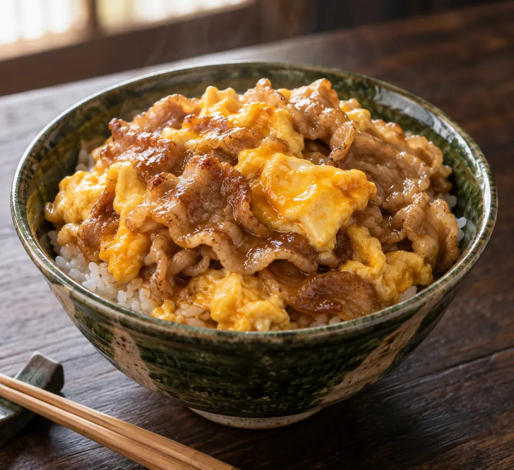 豚こまと炒り卵のにんにく醤油丼の完成イメージ